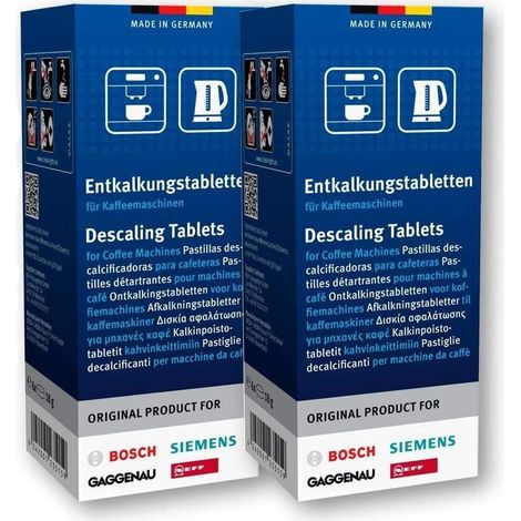 Caja con 6 pastillas descalcificadoras Bosch para cafetera y hervidor de agua.