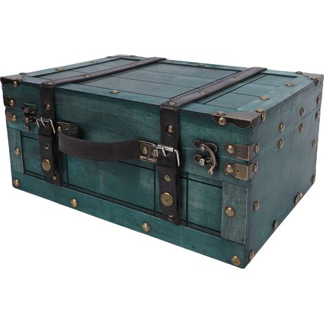 Malle Rangement Vintage Poignée PU Cuir Valise Bois – Décor Maison Collection Bijoux Accessoires Photo Rétro, Vert Large (1/5)