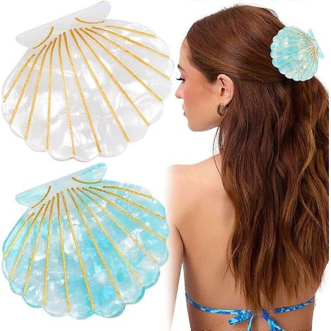 Ensemble de pinces à cheveux coquillage pour femme, motif perle et coquillage, rayures dorées, style plage, blanc et turquoise RN (1/5)