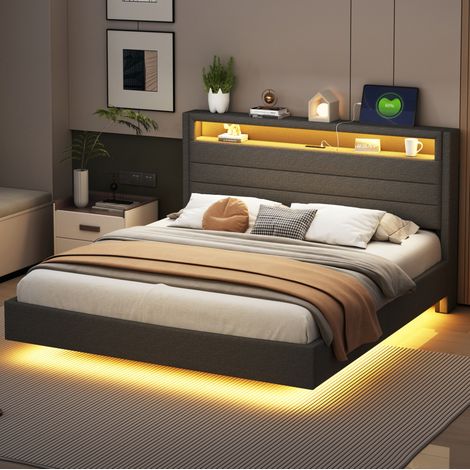 Bett 160x200 cm vintage beige aus Baumwolle, mit verstellbarem Kopfteil, Bettkasten, Lattenrost, Leselicht und USB/Type-C (1/5)