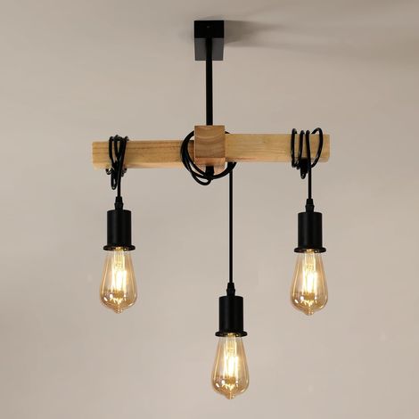 COMELY Lampada Sospensione Industriale, Lampadario Industriale Retrò a 3 teste E27, Lampadario Industriale in Legno e Metallo per Soggiorno, Cucina, Camera da Letto (Ampoule non Incluse) (1/5)