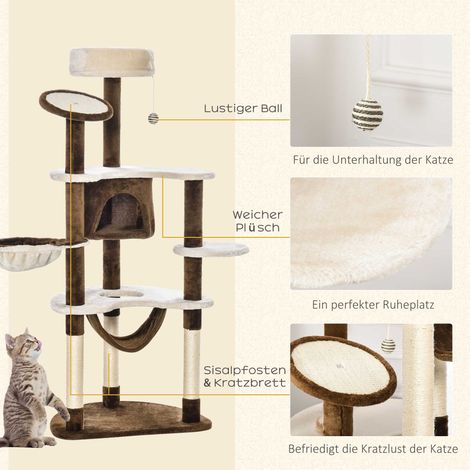 Arbre à chat XXL avec cabane, hamac et zones de griffes, centre d'activités multi-niveaux en peluche marron, 65 x 50 x 153 cm (1/5)