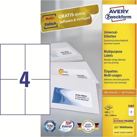 Avery 3483 Etiqueta Autoadhesiva Rectángulo Blanco Permanente 400 Pieza(s)