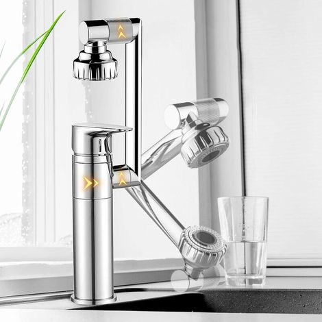 Robinet d'évier, mitigeur chromé 360°, argenté, design moderne, douchette et diffuseur, commande unique, eau chaude et froide réglable. (1/5)