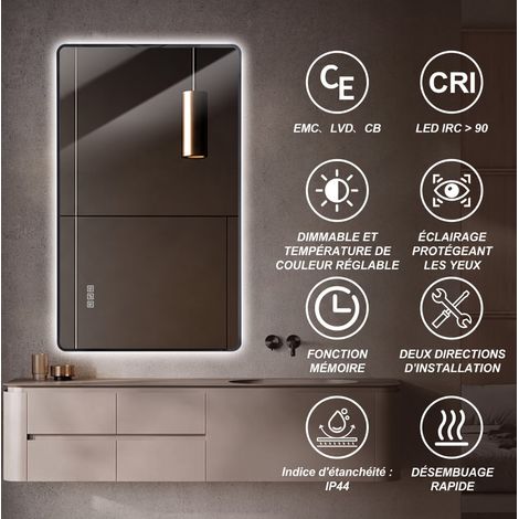 Miroir de salle de bains LED 100x60x3 cm aluminium noir, antibuée pour salle de bains – MEUBLIV (1/5)