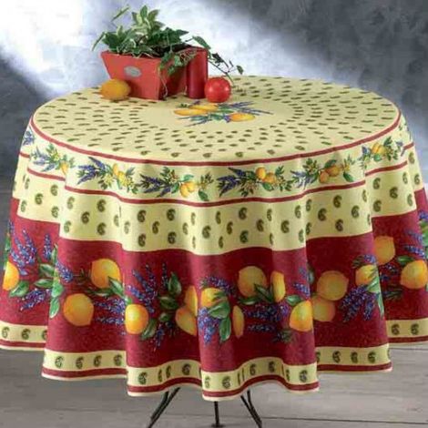 Nappe de Table Provençale Ronde 180cm, linge table Anti-Tâche Glycine, 100% Polyester coloris Citron-rouge (1/3)