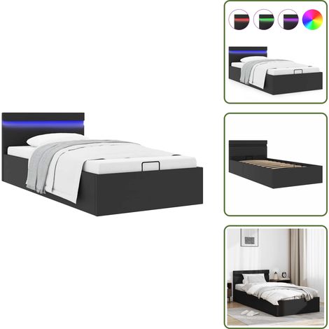 Cadre de lit à rangement hydraulique sans matelas avec LED noir - Lit Plateforme - Lit Double - Lit Capitonné - Lit Avec Rangement - Éclairage Led (1/5)