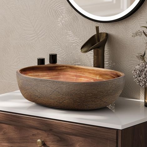 Lavabo ovale en céramique 480 mm 19 pouces vasque de salle de bain émaillée mat marron à poser sur comptoir