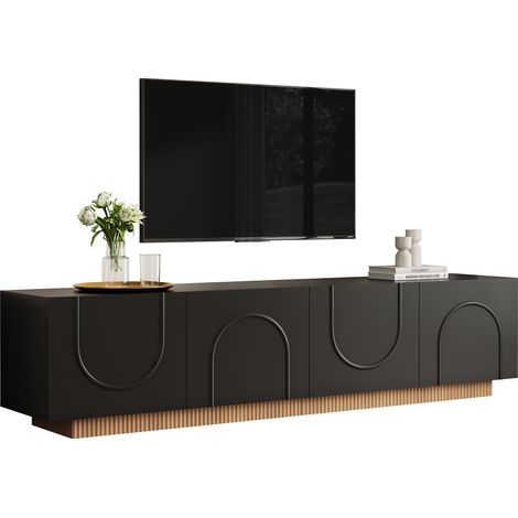 Meuble TV bas 170 cm avec 4 portes cintrées, rangement intérieur compartimenté, passe-câbles et structure PB/MDF noire pour salon moderne - CHICFURN (1/5)
