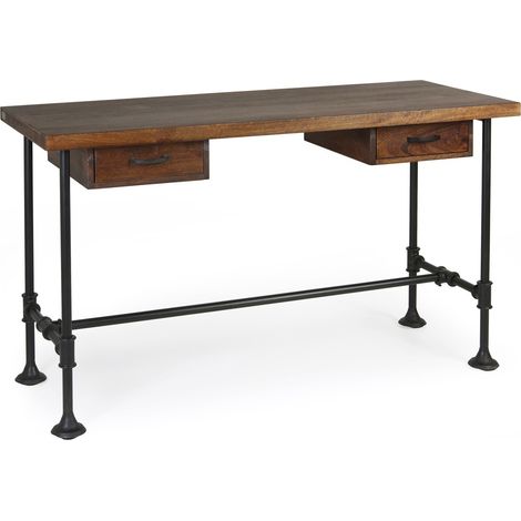 Bureau industriel 2 tiroirs fer noir et bois de manguier marron Kouba 135cm (1/5)