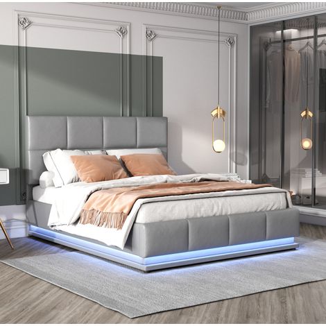 Bett modern 140x200 cm grau, Kunstleder, LED-Beleuchtung, hydraulischer Bettkasten, Lattenrost mit 24 Leisten (1/5)