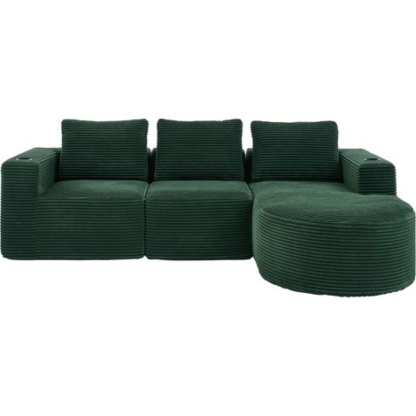 Divano modulare angolare verde 258 cm con 3 cuscini e portabicchieri (1/5)