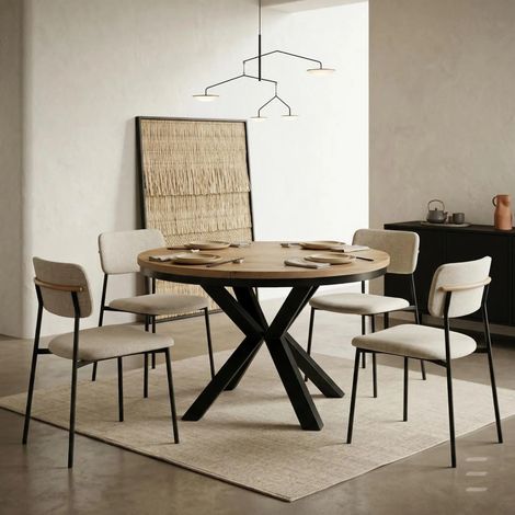 Table à manger ronde extensible RAL avec cerclage métallique, style loft, industriel, diamètre : 90 / 140 cm, couleur : noir / hêtre naturel (1/5)