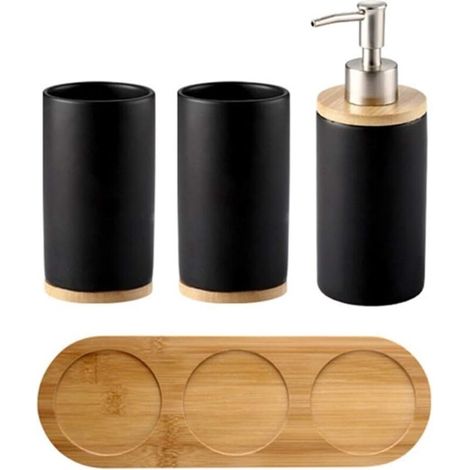 4-teiliges Keramik-Badezimmer-Accessoire-Set: Zahnbürstenhalter, Seifenspender, Becher, Bambustablett