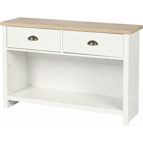 Console en bois 2 tiroirs 1 niche – Dimensions 97x35x76 cm – Poignées coquilles – Style champêtre Hanoï – Urban Living