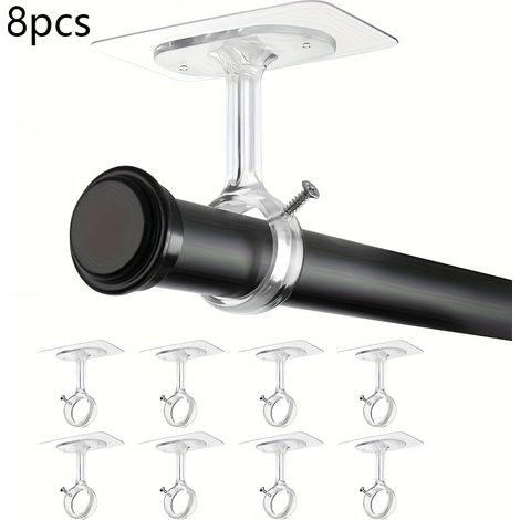 Juego de 8 soportes adhesivos para barras de cortina, sin taladros, para montaje en techo, autoadhesivos e impermeables, para baño y dormitorio. Transparente. (1/5)