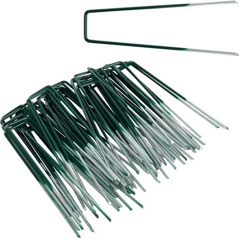 50 Piquets de jardin de fixation de toile de paillage en acier vert 150 x 30 mm