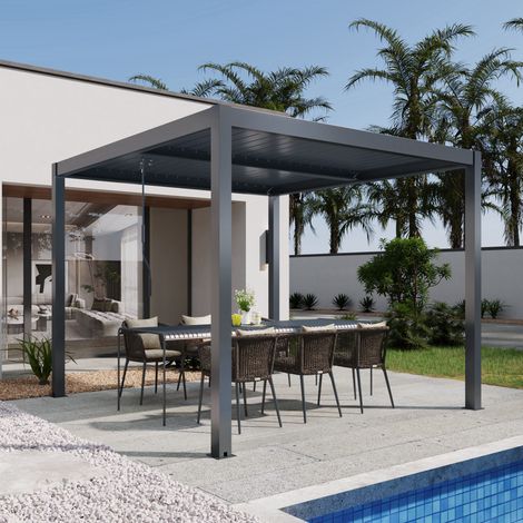 Pergola bioclimatique autoportée RIVA 3 x 3m en aluminium - Lames orientables - Gris anthracite - 4 pieds robustes (1/5)