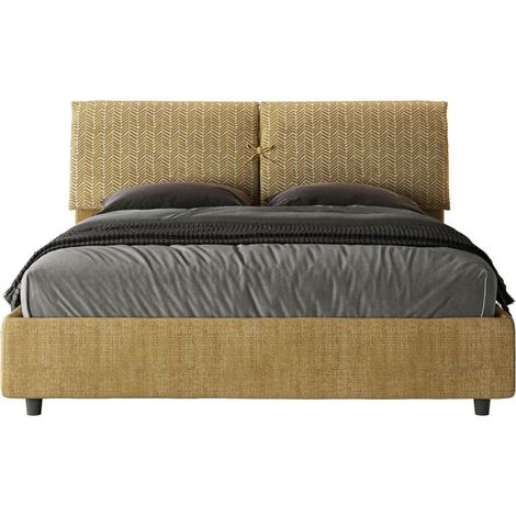 Lit double grands coussins tête de lit rembourré tissu tapissé Viena Sommier et coffre-Jaune moutarde-160x200-Option Sommier et coffre (1/5)