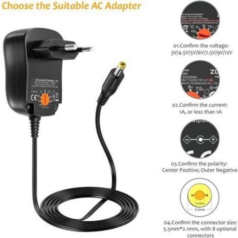 Adaptateur Secteur Ac-Dc - 3 V À 12 V - 1 A - 12 W - Pour Appareils Électroniques - 8 Connecteurs Inclus (1/4)