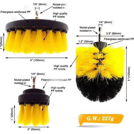 Lot jaune 3 pièces Brosse perceuse électrique économique accessoire set nettoyage efficace pour cuisine salle de bain (1/5)