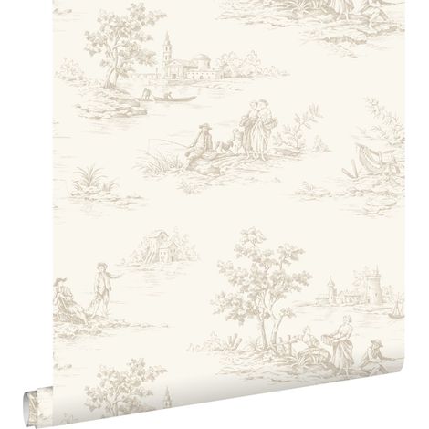 papier peint toile de jouy blanc cassé - ESTAhome (1/5)