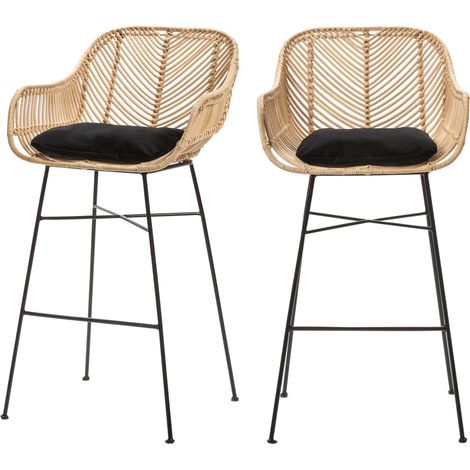 Drawer – Lot de 2 tabourets de bar en rotin naturel H68cm – Assise tressée à la main – Piètement métal noir – Coussin déhoussable et lavable