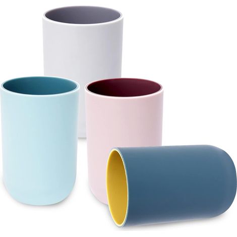 (4-teilig) Zahnbürstenhalter, Zahnbürstenbecher, zweifarbiger Plastikbecher, Trinkbecher, Mundspülbecher, tragbarer Becher für Familie, Reisen und Camping (1/5)