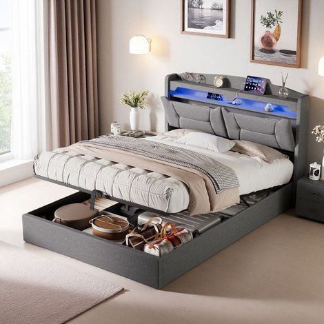 Bett 140x200 cm mit LED, Bett für 2 Personen, Bett 140x200 cm mit Lattenrost, Doppelbett aus grauem Leinen, Kopfteil mit Stauraum