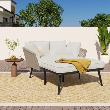 Sofá de jardín con 2 cojines y 2 almohadas, tumbona de exterior, conjunto de muebles de jardín, conjunto de muebles de balcón, muebles de salón, muebles de patio, cojines extraíbles y lavables, tela b (1/5)