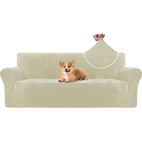 Samt Sofa Überzug 3 Sitzer, elastisch, rutschfest, haustierfreundlich, beige (1/5)