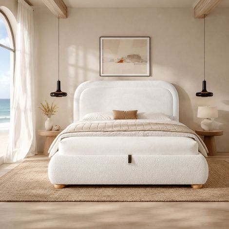 Cama doble tapizada 217x177x87 cm, con almacenaje hidráulico, somier, bouclé blanco (1/5)