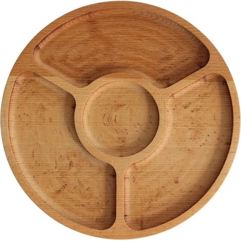 Plateau de service en bois naturel de 25 cm de diamètre avec 4 compartiments divisés, assiette de service pour entrées, fromages et collations, plateau en bois pour viande et fromage (1/5)