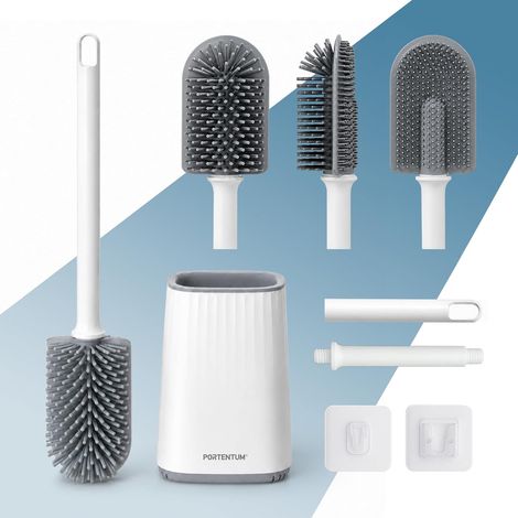 Brosse Toilettes WC Silicone avec Support antigoutte et séchage Rapide – Tête Plate Flexible pour rebords et Angles – Pose au Sol ou Murale sans perçage – Accessoire Salle de Bain (1/5)