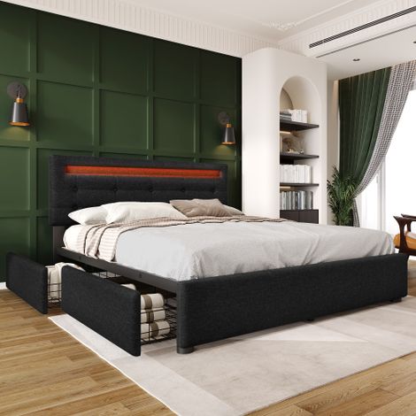 Lit double rembourré avec éclairage LED et 4 tiroirs 140x200cm, tête de lit réglable en hauteur, sommier à lattes en bois, noir (sans matelas) (1/5)
