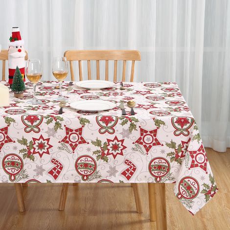 Nappe de Noël rectangulaire imperméable en polyester, anti-taches d’huile & essuyable, infroissable, pour table intérieur/extensionsérieur - 132 x 229 cm - Motif étoiles blanc - Couleur: Christmas fiv