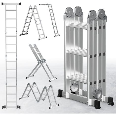 Randaco Escalera transformable 7 en 1 de aluminio, 4x3 peldaños, aprox. 360 cm / 3,6 m, plegable, antideslizante, carga máxima 150 kg (1/5)