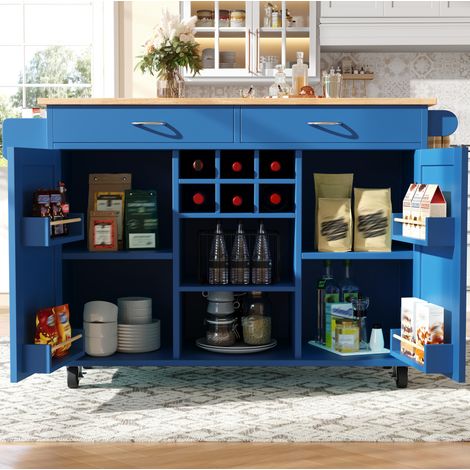 Isola da cucina 102x45x92 cm blu in MDF e metallo con ruote, portabottiglie e ripiani regolabili (1/5)