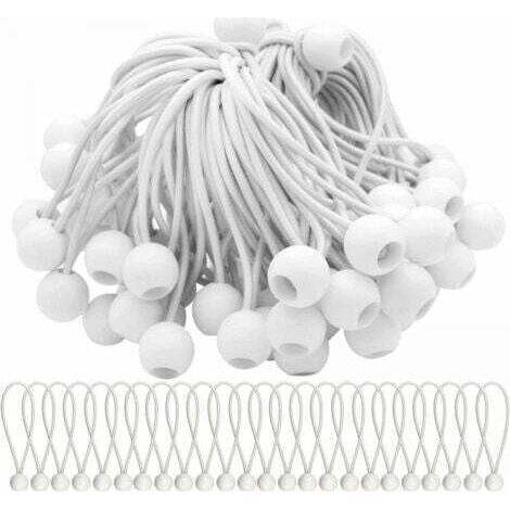 Paquet de 50 tendeurs élastiques blancs de 150mm, cordon élastique avec boule, boules élastiques extensibles pour chapiteaux, tentes, bannières et bâches (1/4)