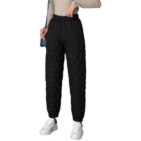 Pantalon de jogging matelassé en coton taille haute pour femme, style jogging, hiver, bouffant, taille haute, motif losanges-2XL-Black (1/5)