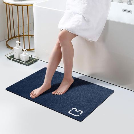 Tapis de salle de bain en terre de diatomées 60 x 40 cm, séchage rapide, super absorbant, fin, convient aux tapis sous les portes, devant les baignoires, douches et lavabos, bleu marine (1/5)