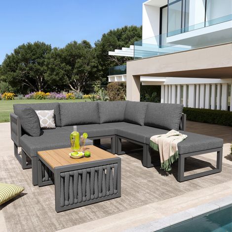 Salon de jardin avec coussins de qualité, pour 6 personnes : transat double extérieur, dossier réglable, gris