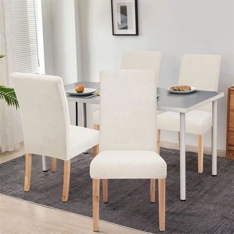 Housses de chaise - 6 pièces - Extensibles - Lavables - Beige à carreaux (1/4)