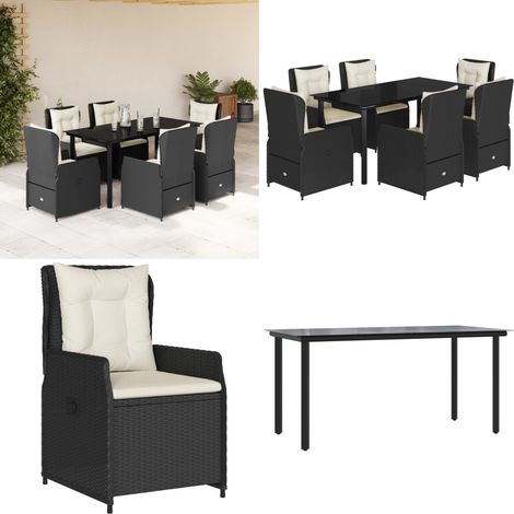 7-tlg. Garten-Essgruppe mit Kissen Schwarz Poly Rattan - Gartentisch - Gartensessel (1/5)