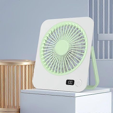 Ventilador de escritorio USB portátil recargable con pantalla digital LED, 5 velocidades, rotación de 180° y funcionamiento silencioso para el hogar, la oficina y los viajes. (1/5)