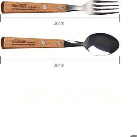 Fourchette - Cuillère - Manche Bois - Acier Inoxydable - Pour Pique-nique et Camping - 2 Pièces (1/5)