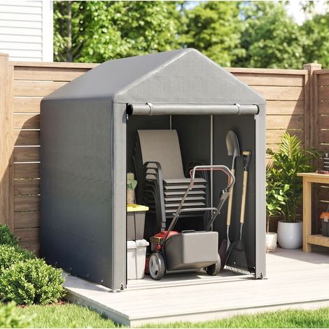 Caseta de jardín de acero galvanizado de 120x179x165 cm con cubierta resistente a los rayos UV y puerta con cremallera, gris claro (1/5)