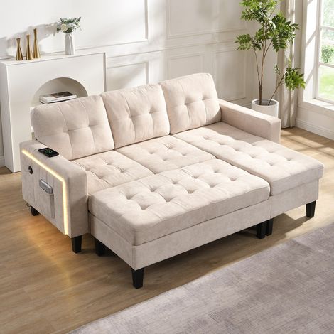 Ensemble canapé d'angle, avec pouf amovible extra, éclairage d'ambiance LED, canapé d'angle 3 places+pouf 2 places, canapé-lit modulaire, beige (1/5)