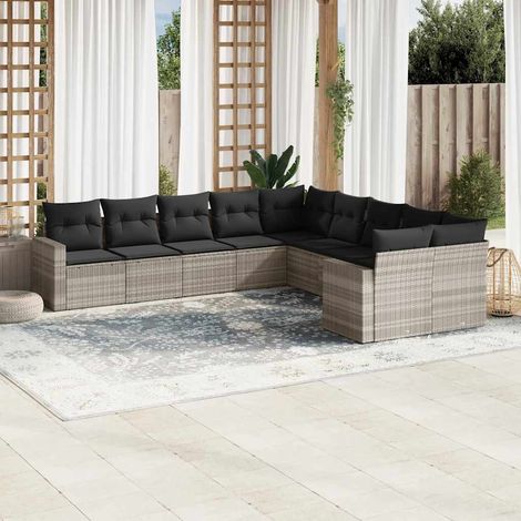 Set sofás jardín 10 pzas con cojines ratán sintético gris claro vidaXL (1/5)