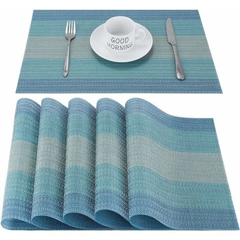 SHINING HOUSE Juego de 6 manteles individuales de PVC, antideslizantes, lavables, resistentes al calor, de vinilo, rectangulares (azul) (1/5)